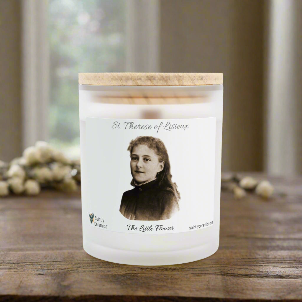 St Therese of Lisieux Frosted Glass Wood Wick Candle, 11oz