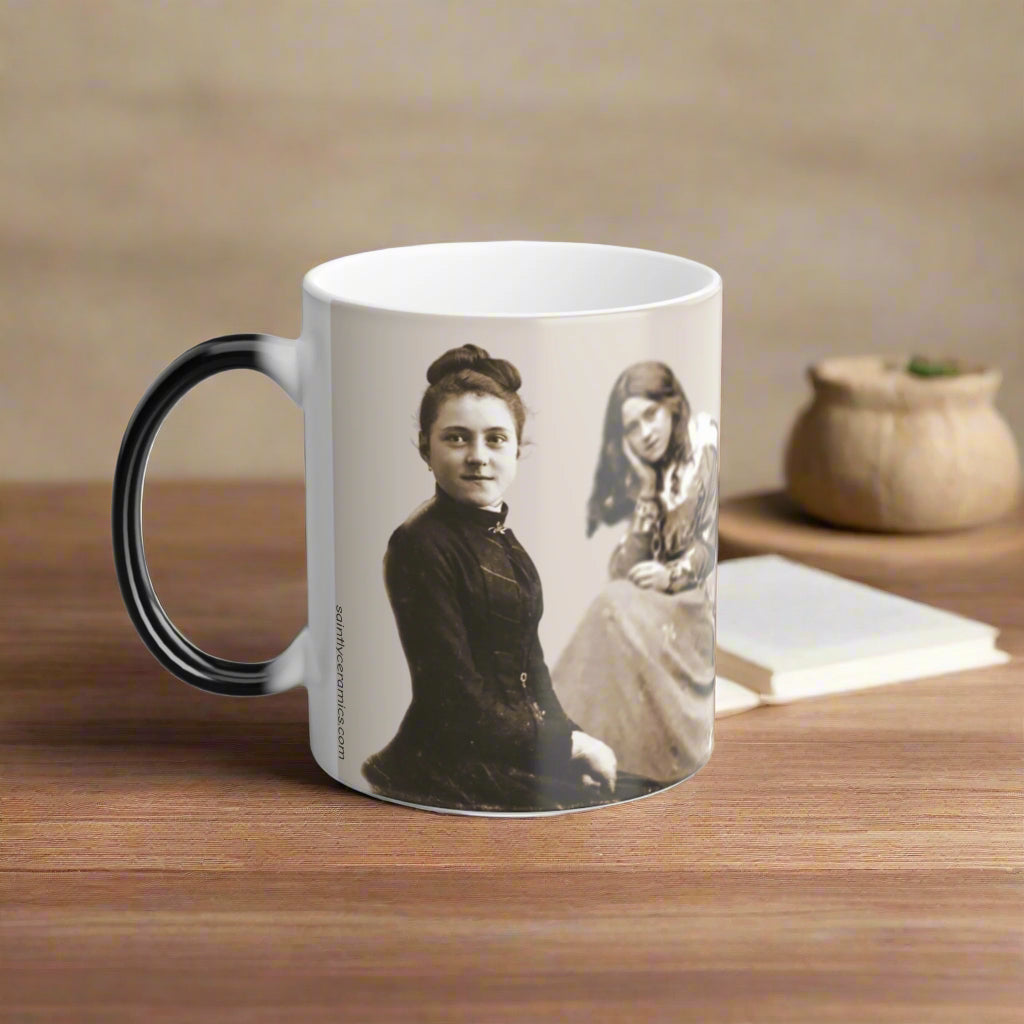 st therese of lisieux portrait on a ceramic coffee mug on a wooden tabletop | saintlyceramics.com | Saint Therese 1 of 3